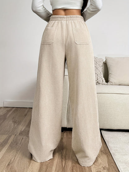 Effortless Apricot Waffle Knit Wide Leg Pants for Women with High Waist Drawstring Pocket Relaxed Casual Style