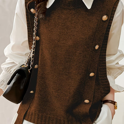 Comfortable Sweater Vest for Women with Round Neck Sleeveless Button Detail Relaxed Knit Style