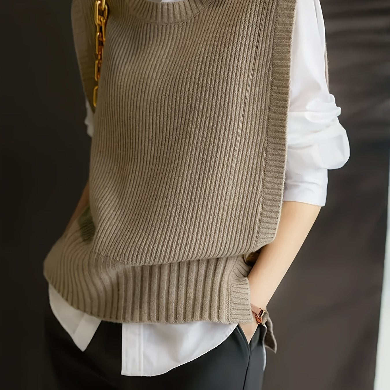 Comfortable Ribbed Knit Sweater Vest for Women with Crew Neck Sleeveless Relaxed Oversized Style