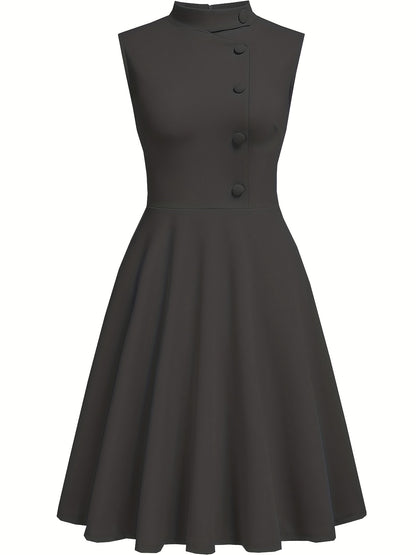 Elegant Navy Fit and Flare Dress for Women with Mock Neck Sleeveless Button Front Vintage Style