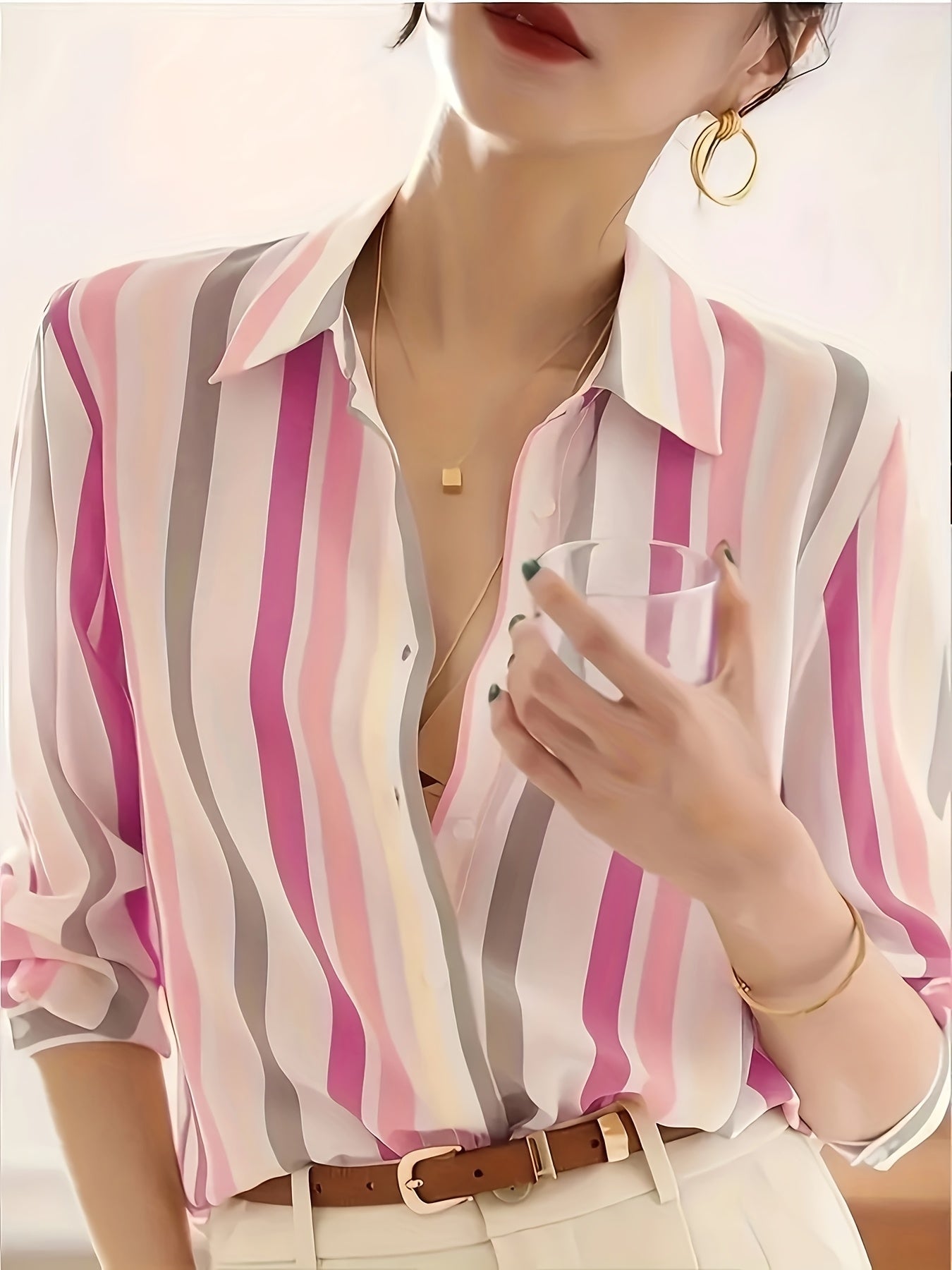 Elegant Striped Chiffon Blouse for Women with Collar Long Sleeve Button Front Relaxed Flowing Style