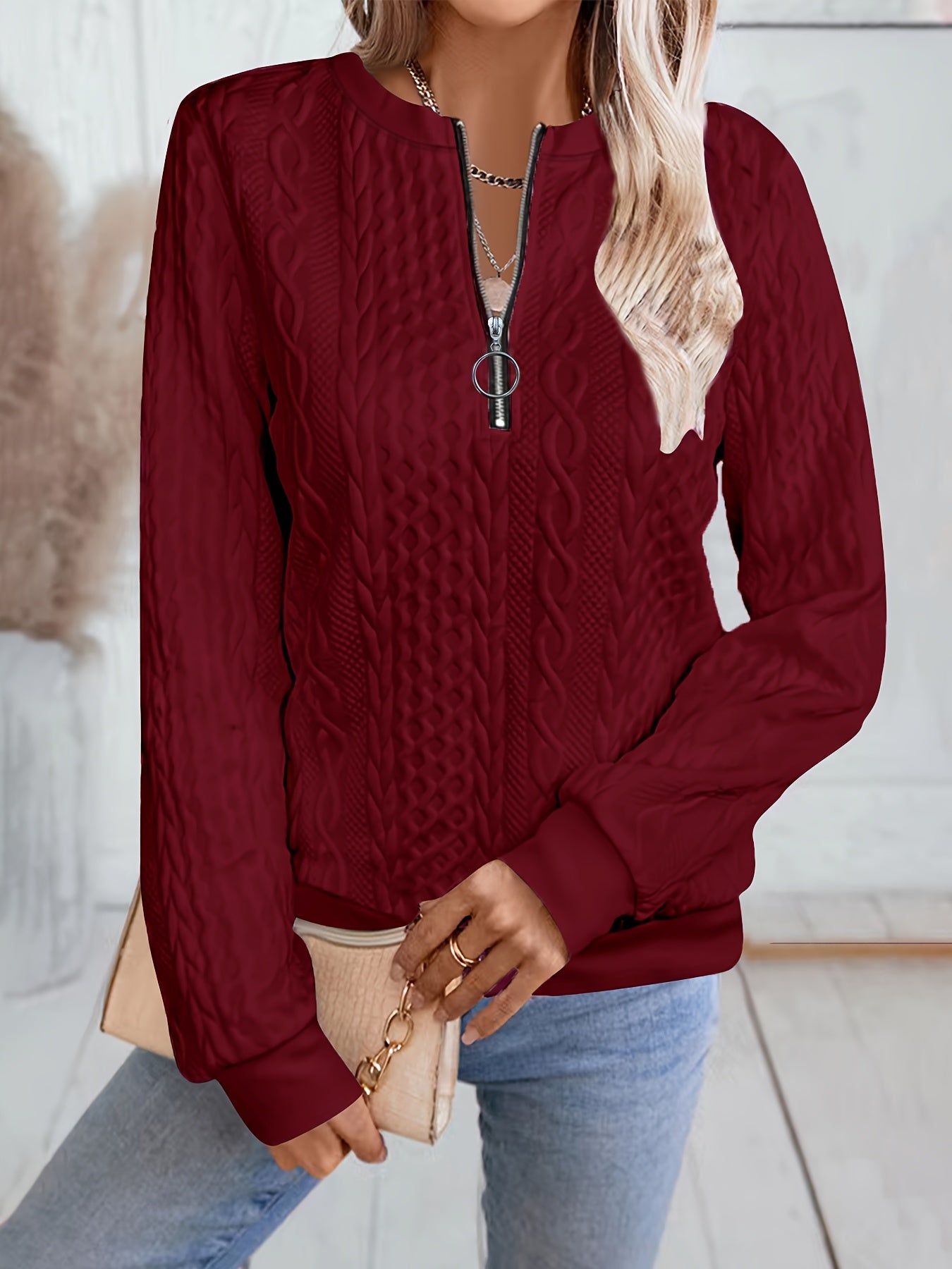 Comfortable Cable Knit Sweater for Women with Zip Neck Long Sleeve Relaxed Casual Style