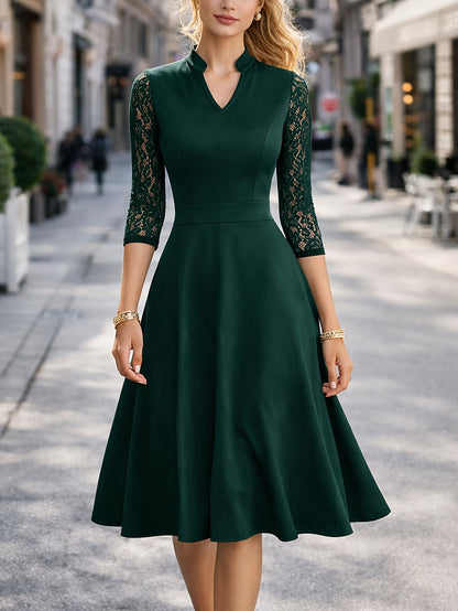 Elegant Lace Midi Dress for Women with Notch Neck Three Quarter Sleeve Fit and Flare Cocktail Style