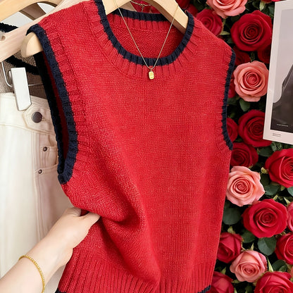 Comfortable Contrast Trim Sweater Vest for Women with Crew Neck Sleeveless Ribbed Knit Style