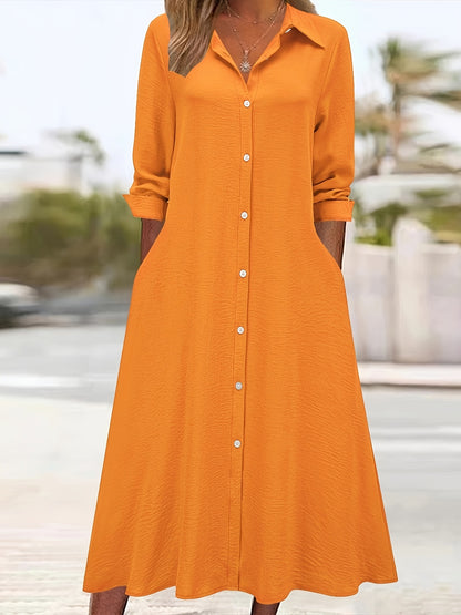 Effortless Linen Shirt Dress for Women with Collar V Neck Long Sleeve Button Front Flowing Style