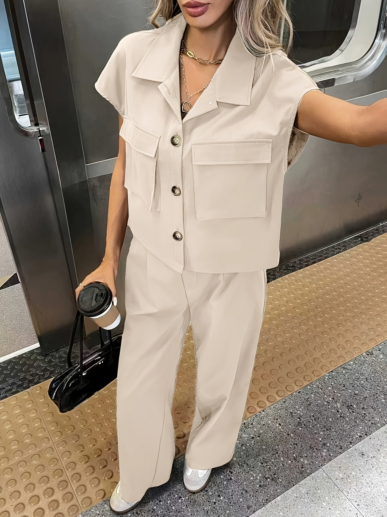 Effortless Wide Leg Two Piece Set for Women with Collar Short Sleeve Belted Relaxed Casual Style