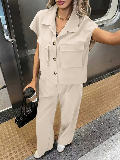 Effortless Wide Leg Two Piece Set for Women with Collar Short Sleeve Belted Relaxed Casual Style