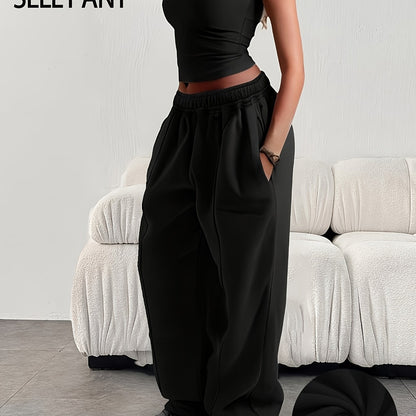 Comfortable Fleece Wide Leg Sweatpants for Women with High Waist Pintuck Relaxed Baggy Casual Style