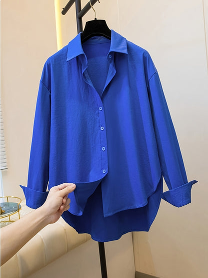 Effortless Cotton Blouse for Women with Collar Long Sleeve High Low Relaxed Oversized Style