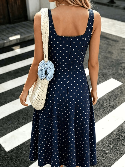 Elegant Polka Dot Midi Dress for Women with Square Neck Sleeveless A Line Flowing Casual Style
