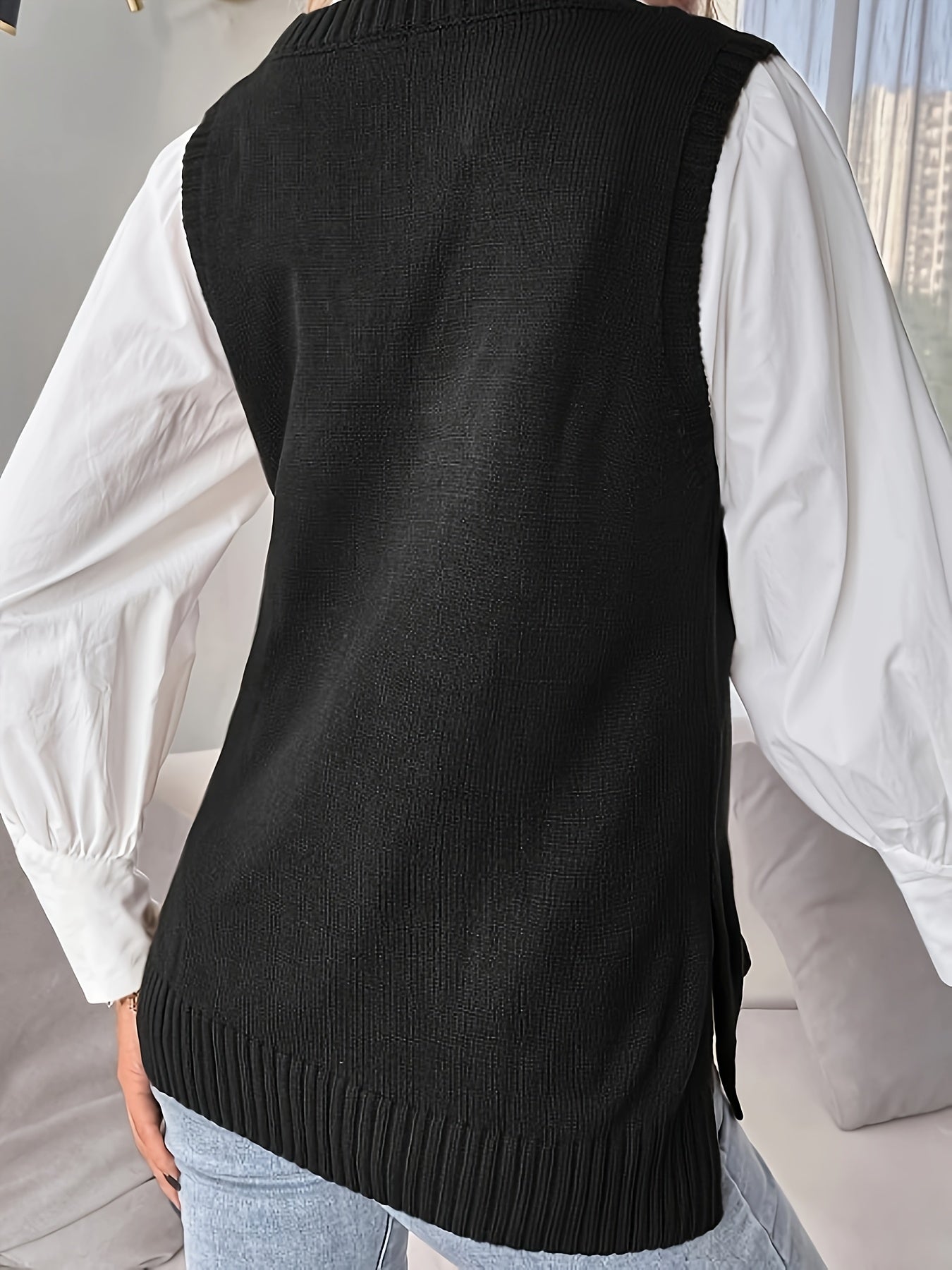 Comfortable Sweater Vest for Women with V Neck Sleeveless Ribbed Trim Oversized Knit Style