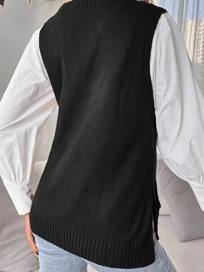 Comfortable Sweater Vest for Women with V Neck Sleeveless Ribbed Trim Oversized Knit Style