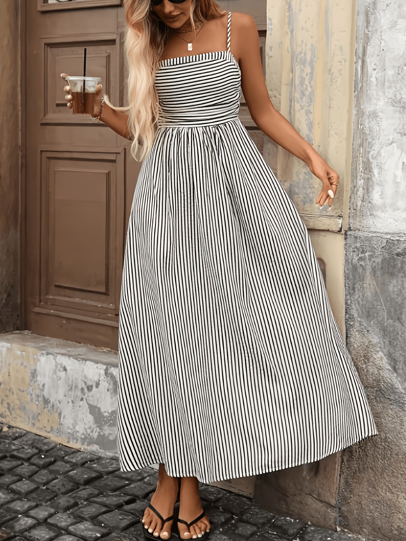 Elegant Black Striped Maxi Dress for Women with Square Neck Spaghetti Strap Smocked Flowing Style