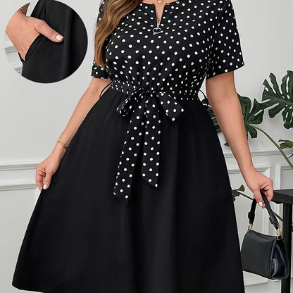 Elegant Polka Dot Midi Dress for Women with Notch Neck Short Sleeve Tie Waist Belted Style