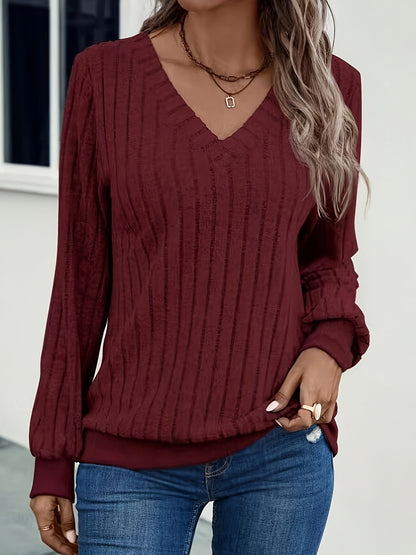 Comfortable Ribbed Knit Sweater for Women with V Neck Long Sleeve Relaxed Casual Style