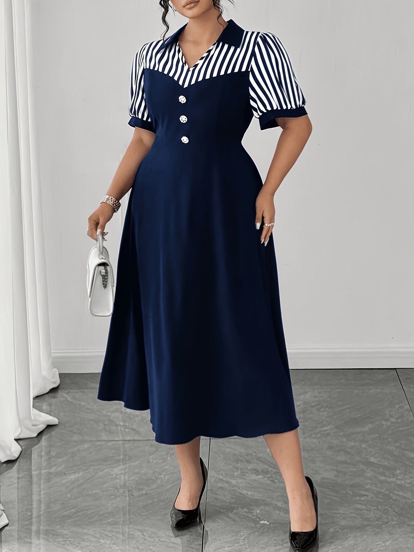 Elegant Navy Striped Midi Dress for Women with Collar Short Sleeve Button Front A Line Style