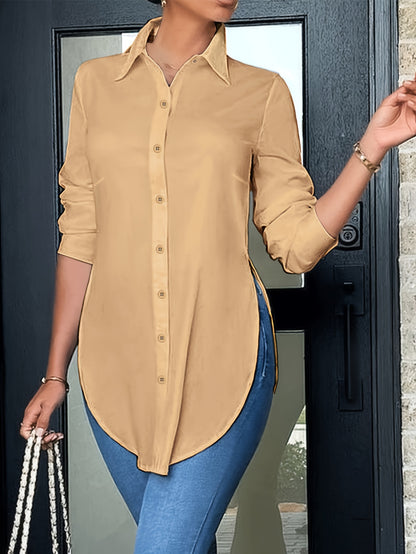 Effortless Longline Tunic Blouse for Women with Collar Long Sleeve High Low Hem Relaxed Style