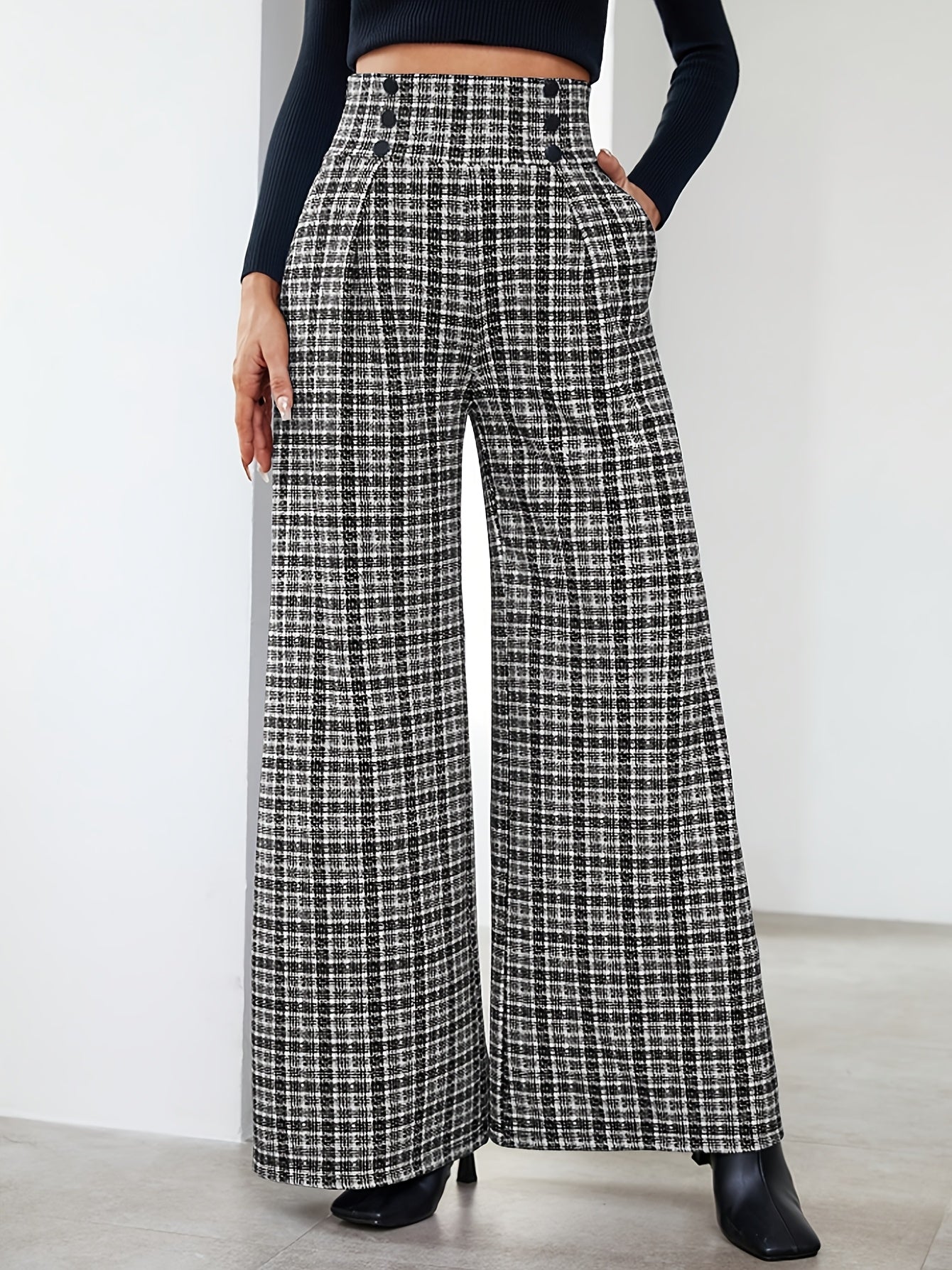 Elegant Black and White Plaid Wide Leg Pants for Women with High Waist Button Front Pleated Tailored Style