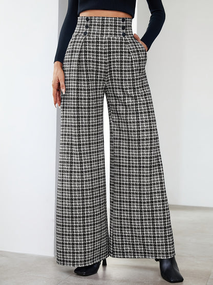 Elegant Black and White Plaid Wide Leg Pants for Women with High Waist Button Front Pleated Tailored Style