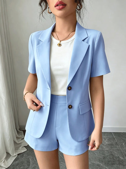 Elegant Tailored Blazer Two Piece Set for Women with Notch Lapel Short Sleeve Button Front Shorts Style