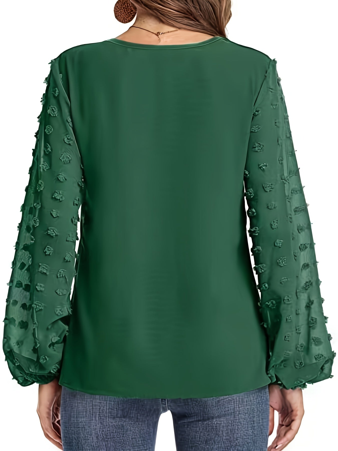 Elegant Swiss Dot Blouse for Women with V Neck Balloon Sleeve Sheer Cuff Relaxed Style