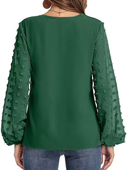 Elegant Swiss Dot Blouse for Women with V Neck Balloon Sleeve Sheer Cuff Relaxed Style