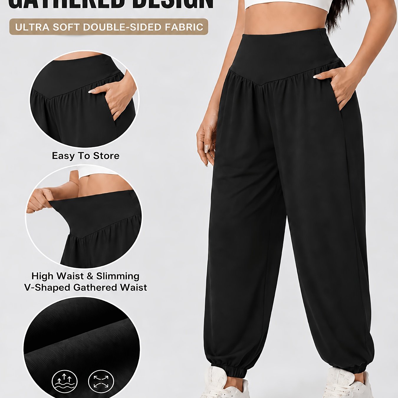 Effortless Black Jogger Pants for Women with High Waist Gathered Elastic Cuff Casual Style