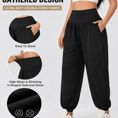 Effortless Black Jogger Pants for Women with High Waist Gathered Elastic Cuff Casual Style