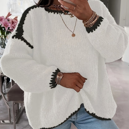 Solid Boat Neck Pullover Sweater, Women'S Casual Long Sleeve Loose Contrast Sweater