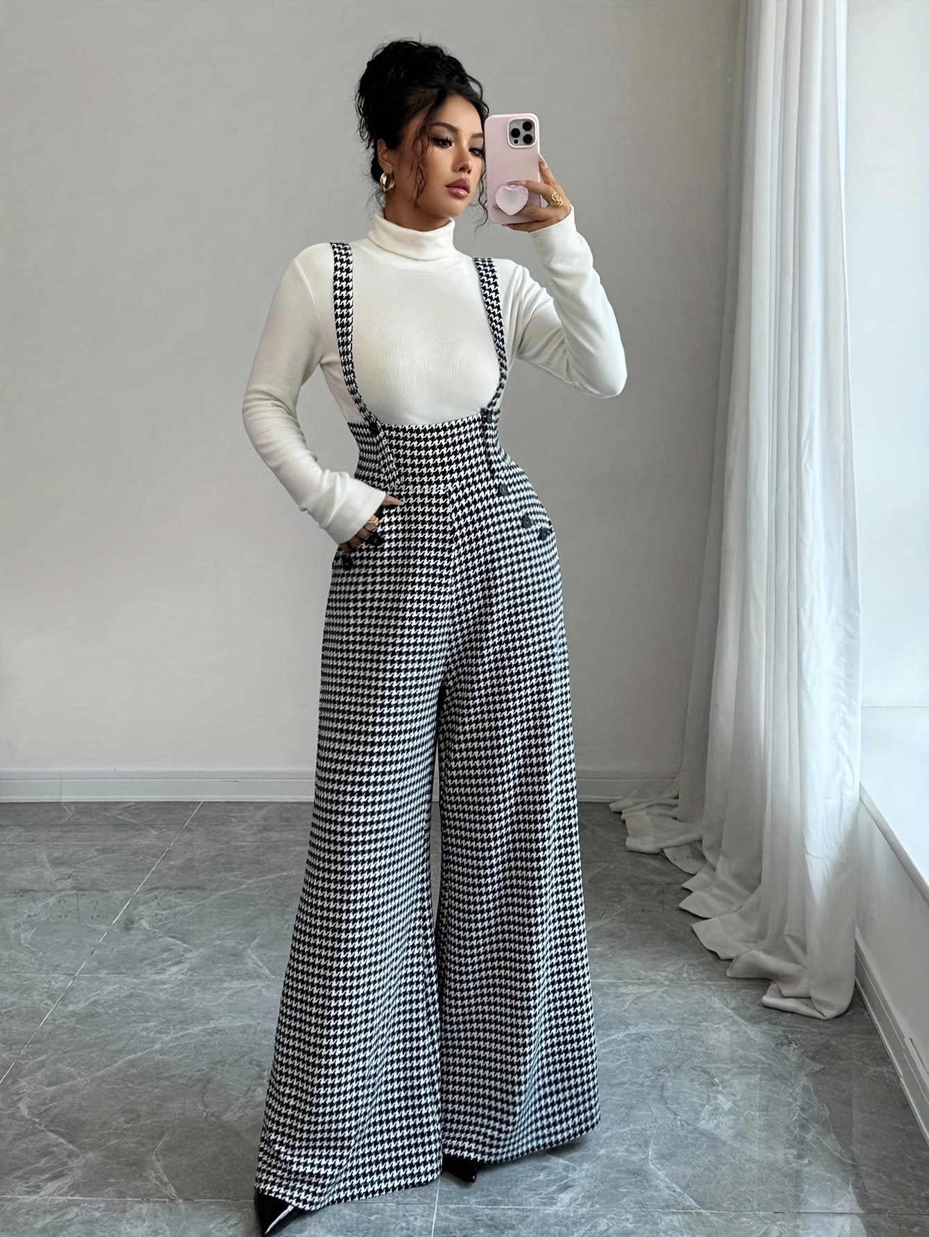 Elegant Houndstooth Wide Leg Jumpsuit for Women with Square Neck Sleeveless Suspender Button Front Relaxed Style