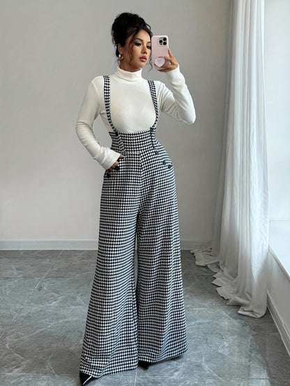 Elegant Houndstooth Wide Leg Jumpsuit for Women with Square Neck Sleeveless Suspender Button Front Relaxed Style