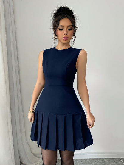 Elegant Pleated Mini Dress for Women with Round Neck Sleeveless Fit and Flare Cocktail Style