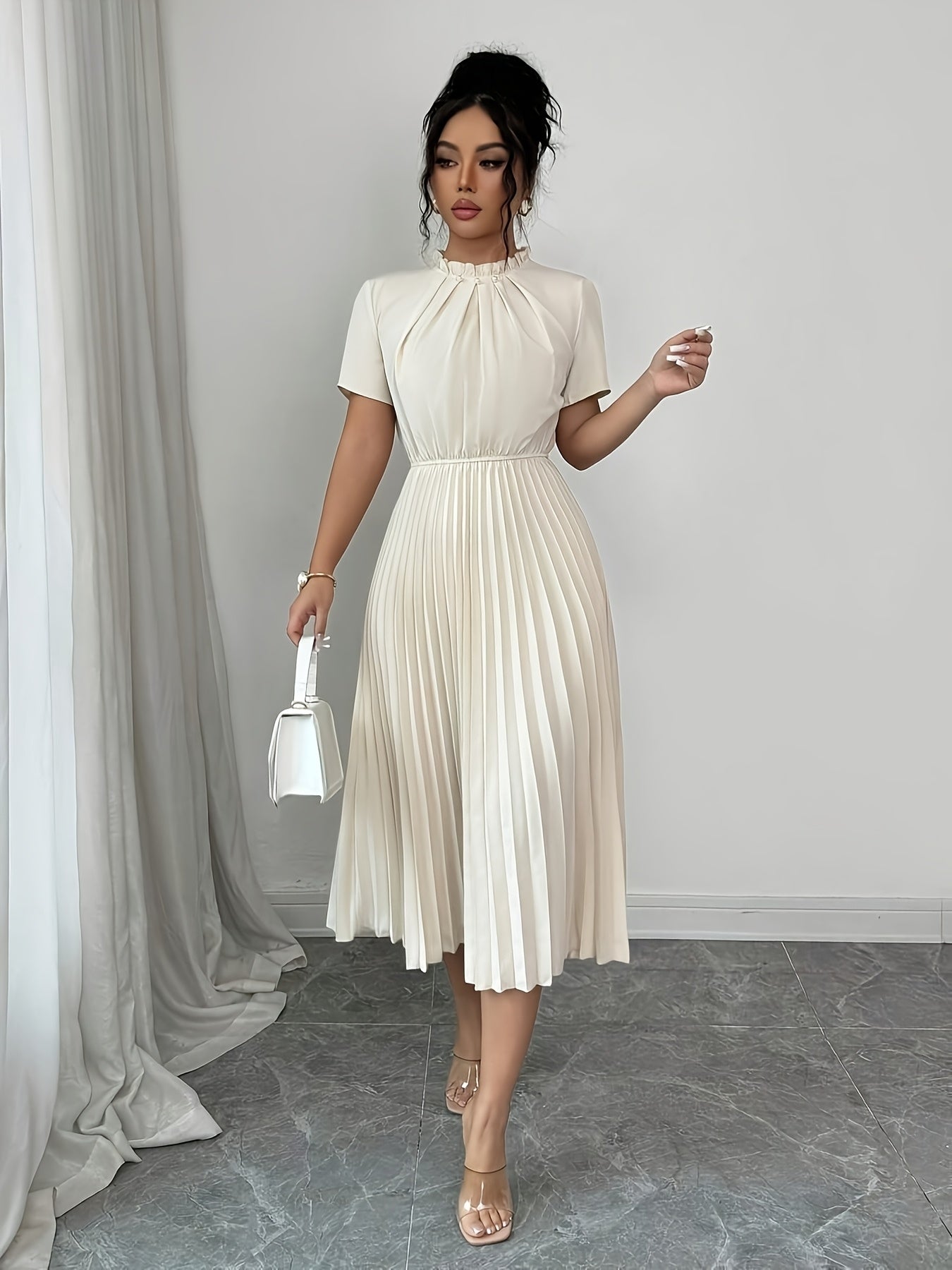 Elegant Apricot Pleated Midi Dress for Women with Ruffle Mock Neck Short Sleeve Pearl Detail Flowing Style