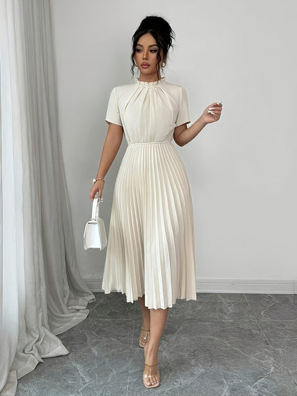 Elegant Apricot Pleated Midi Dress for Women with Ruffle Mock Neck Short Sleeve Pearl Detail Flowing Style