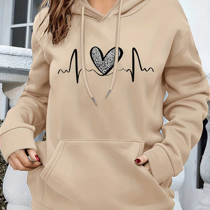 Comfortable Heartbeat Print Hoodie for Women with Drawstring Hood Long Sleeve Kangaroo Pocket Oversized Style