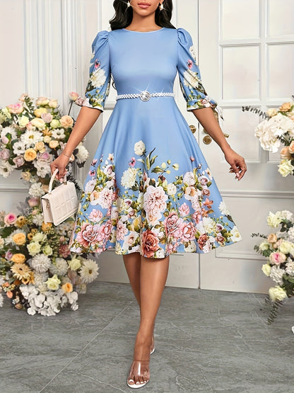 Elegant Border Print Midi Dress for Women with Round Neck Bubble Sleeve Bow Tie Flowing Style