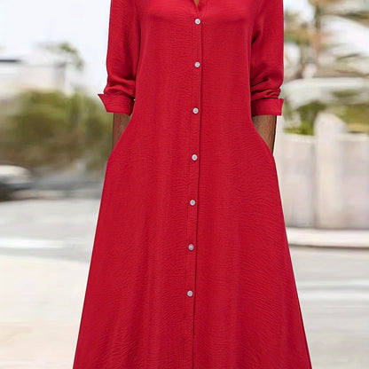 Effortless Linen Shirt Dress for Women with Collar V Neck Long Sleeve Button Front Flowing Style