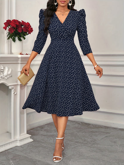 Elegant Polka Dot Midi Dress for Women with V Neck Puff Sleeve Fit and Flare Cocktail Style