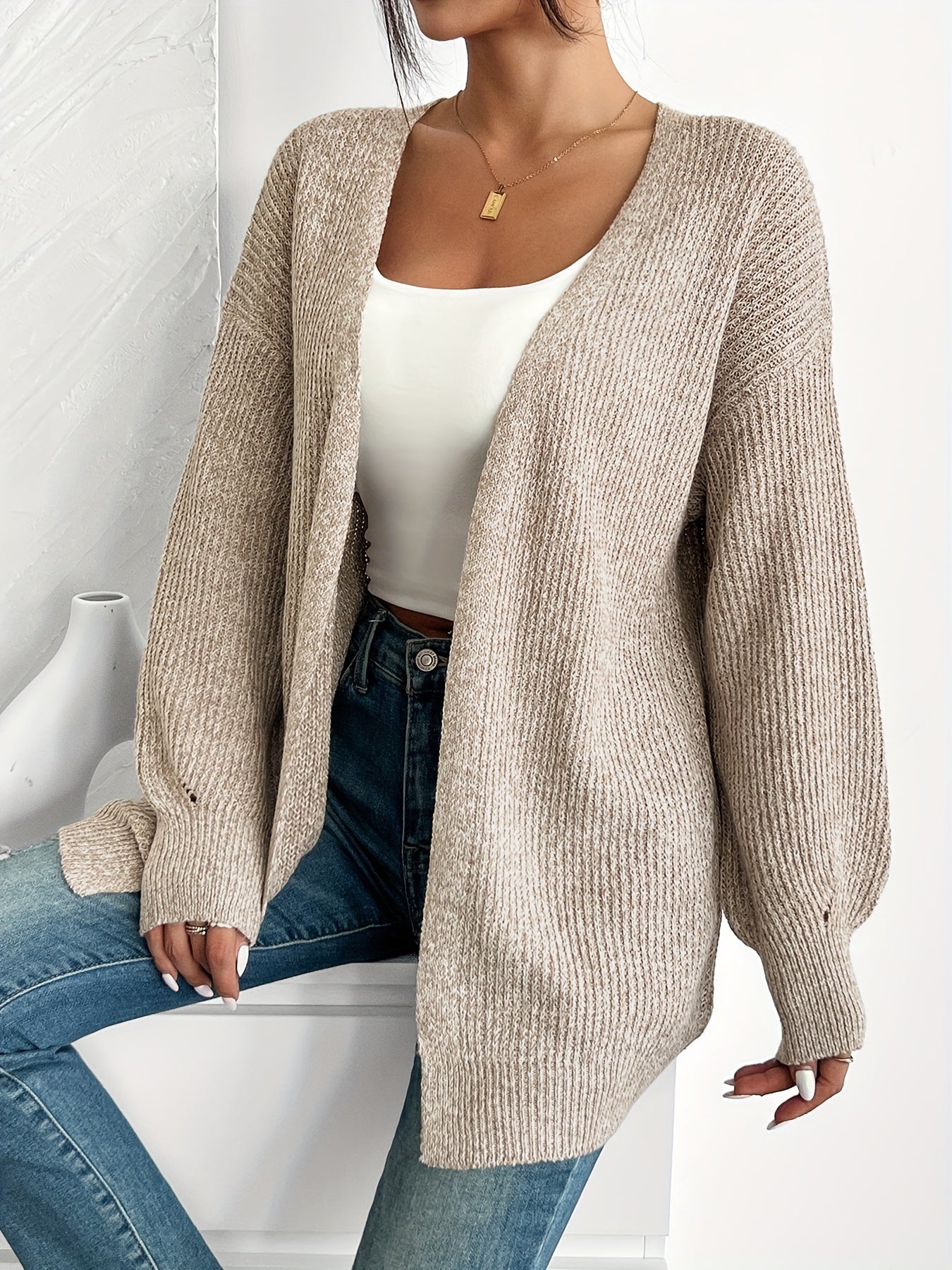 Comfortable Light Yellow Ribbed Knit Cardigan for Women with Open Front Balloon Sleeve Oversized Relaxed Style