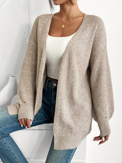 Comfortable Light Yellow Ribbed Knit Cardigan for Women with Open Front Balloon Sleeve Oversized Relaxed Style