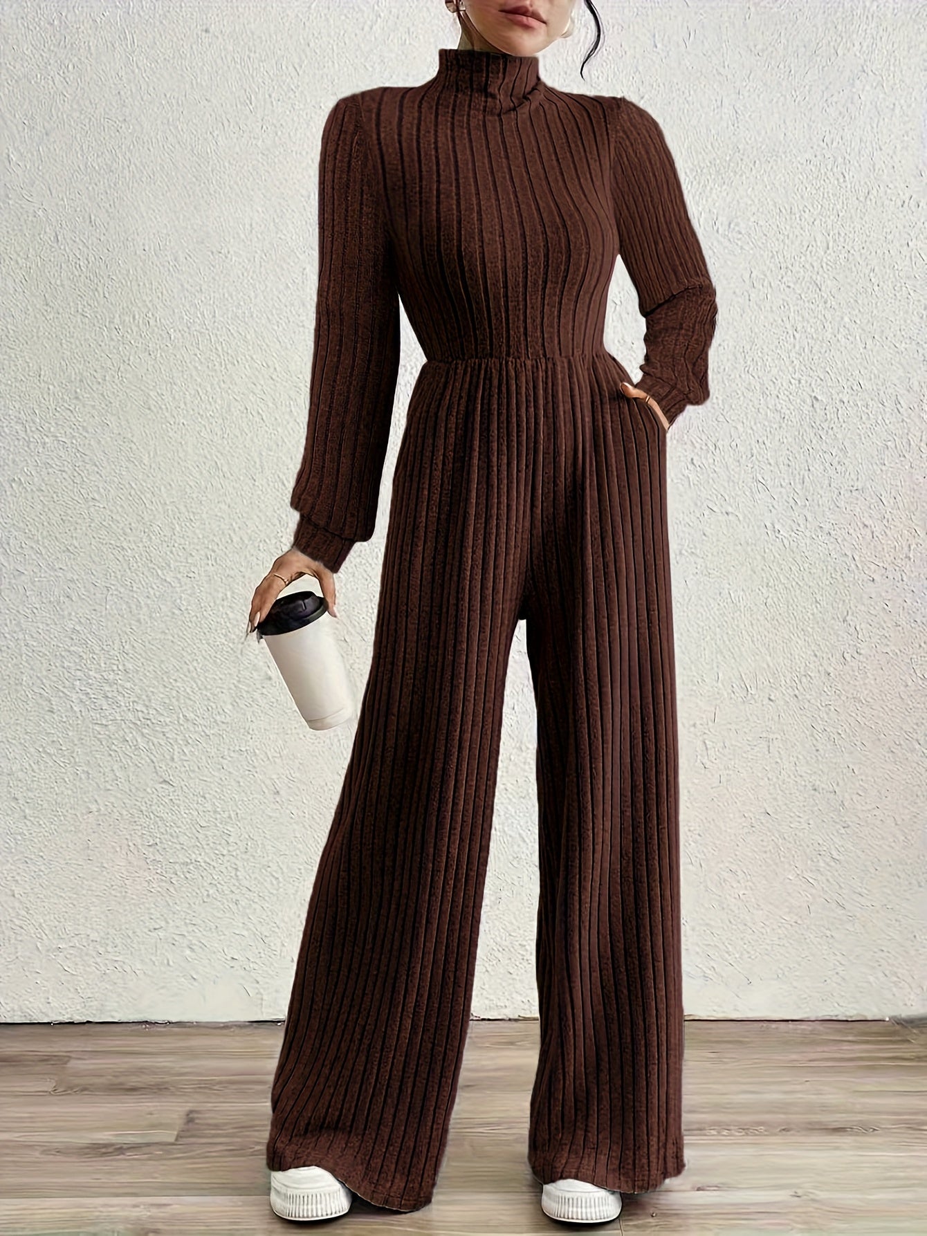 Effortless Ribbed Knit Jumpsuit for Women with Mock Neck Long Sleeve Wide Leg Relaxed Style
