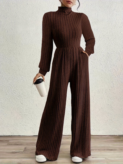 Effortless Ribbed Knit Jumpsuit for Women with Mock Neck Long Sleeve Wide Leg Relaxed Style