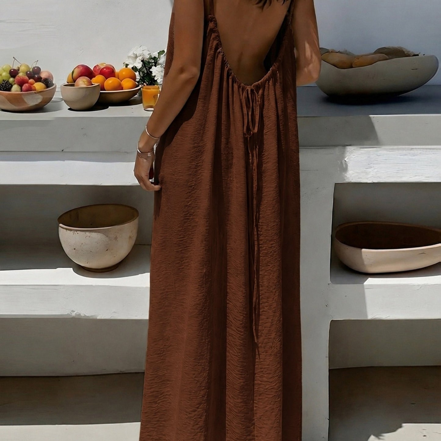 Effortless Textured Maxi Dress for Women with Spaghetti Strap Low Back Tie Flowing Bohemian Style