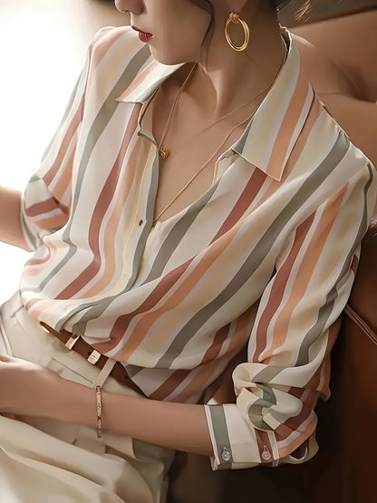 Elegant Striped Chiffon Blouse for Women with Collar Long Sleeve Button Front Relaxed Flowing Style