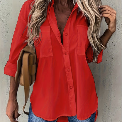 Effortless Button Front Blouse for Women with Collar Long Sleeve Chest Pocket Relaxed Style