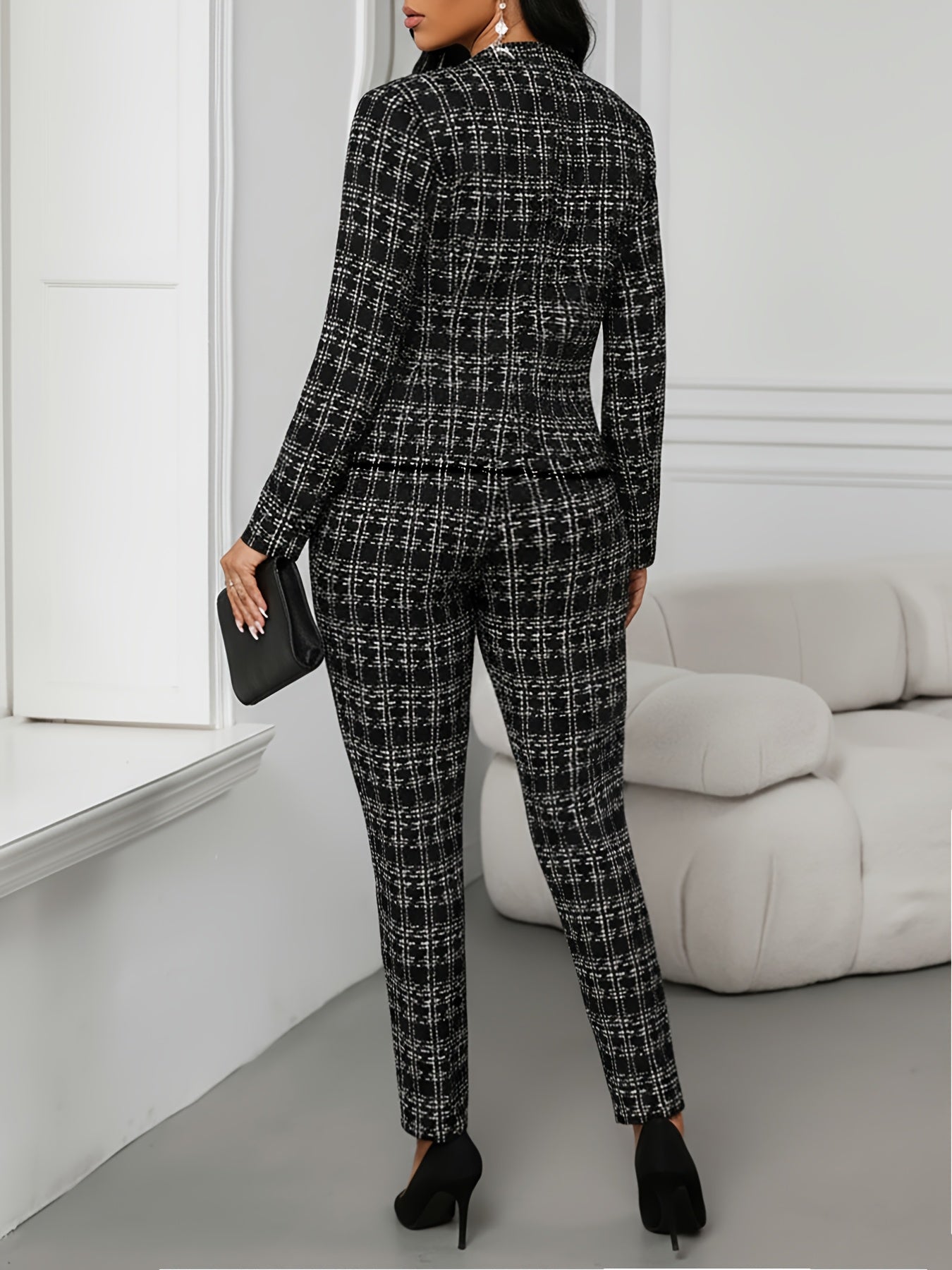 Elegant Plaid Tweed Two Piece Set for Women with Open Front Long Sleeve Blazer Tapered Pant Style