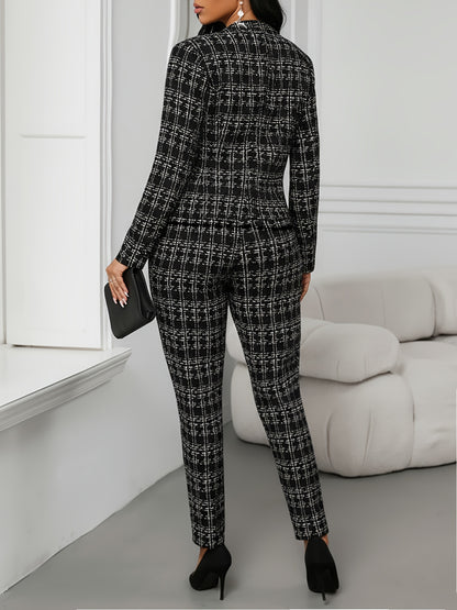 Elegant Plaid Tweed Two Piece Set for Women with Open Front Long Sleeve Blazer Tapered Pant Style
