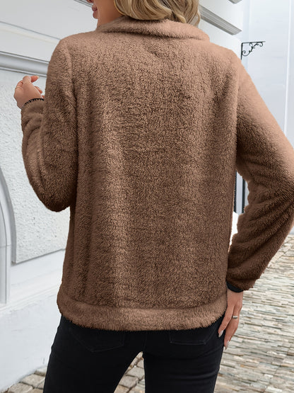 Comfortable Sherpa Fleece Pullover for Women with Zip Collar Long Sleeve Relaxed Oversized Knit Style