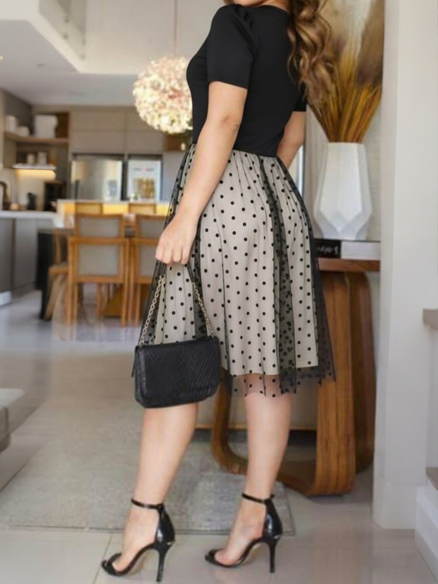 Elegant Black Polka Dot Midi Dress for Women with Round Neck Short Sleeve Mesh Overlay Cocktail Style