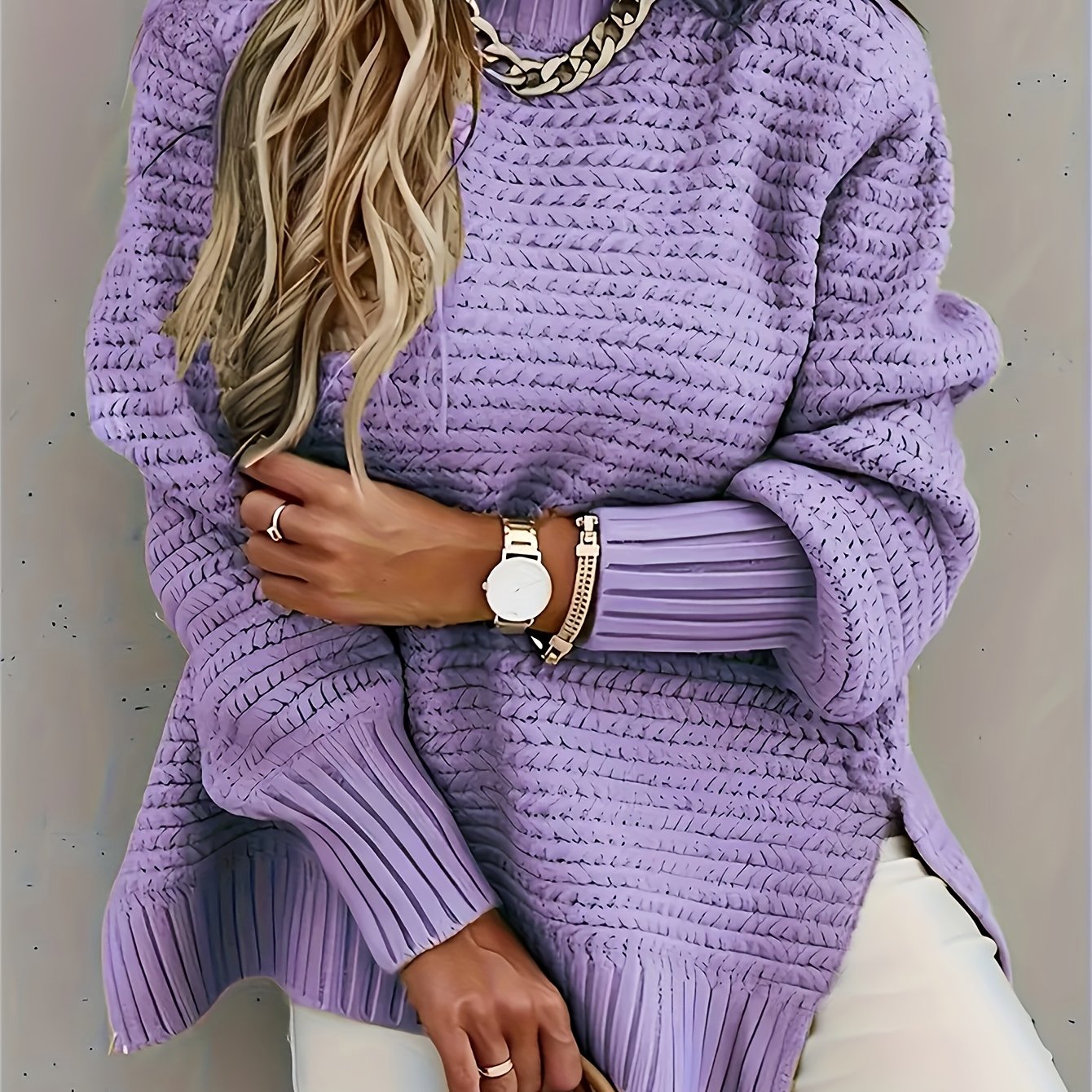 Comfortable Textured Knit Sweater for Women with Mock Neck Long Sleeve Side Slit Oversized Style